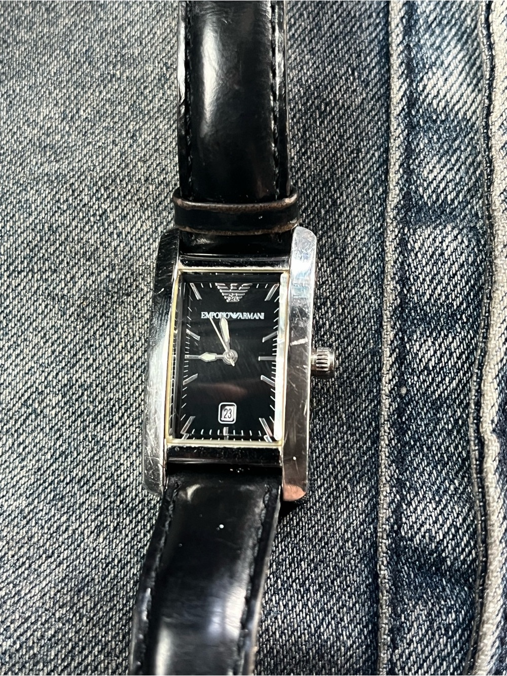 Emporio Armani Black Dial Silver Case Leather Strap Watch
